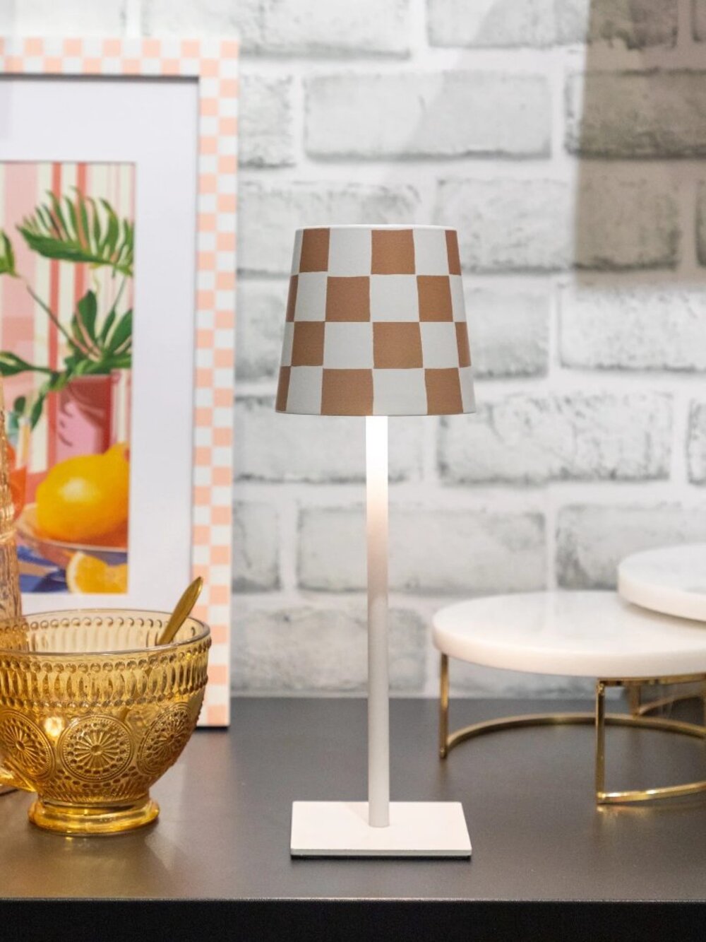 Portable Rechargeable 11.8” Touch Lamp | Tan & White Checkered
